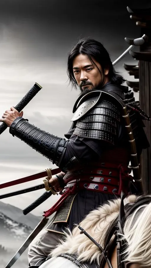 Prompt: Young Hiroyuki Sanada as a Samurai Photorealistic Overdetailed Portrait, Well Detailed face, Black and Gray (NO RED!) Robes and Armor, Black hair, Detailed Hands, Detailed Twilight Background, Intricately Detailed, Award Winning, Photograph, Film Quality.