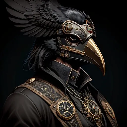 Prompt: steampunk anthropomorphic crow, black plague mask  Artstation illustrators, intricate details, face, full body portrait, dim light, illustration, UHD, 4K