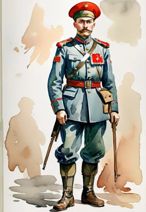 Prompt: watercolor sketch, historical military suit of the Soviet Red Army 1917, cavalryman, full-length man,