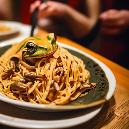 Prompt: a frog eating pasta in a chinese restaurant