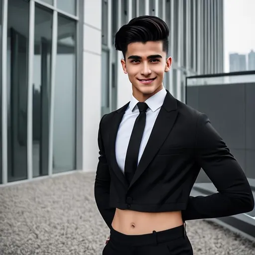 Prompt: crop top, black long sleeve business suit with a black necktie, bare midriff, bare navel, black business suit pants, attractive, 20-years old, determined, long hair, male, man, six pack abs, smiling, hands on hips, sweating, (outside behind building), ((high quality)), 4k, hdr, ((highly detailed)), ((vibrant)),