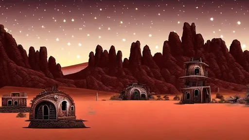 Prompt: Desert Town Landscape at night, Dusty feel, Moon Shining Brightly, Midnight Lighting, Sinister Tone, Wild West, Rifts New West Style