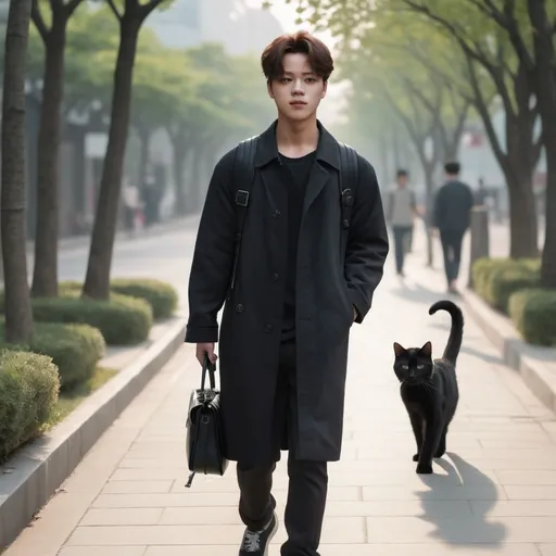 Prompt: park jimin, a young man from seoul south korea  is walking down the sidewalk carrying a black cat, frontal view, 4k realism