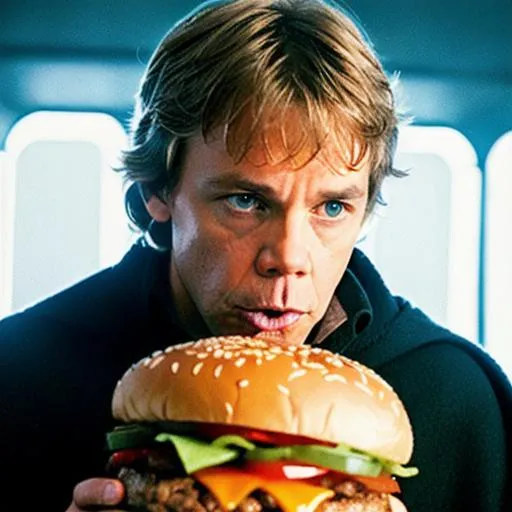 Prompt: A high quality movie still of Luke Skywalker eating a giant cheeseburger, Mark Hamill, ultra realistic ultra-high definition skin, dramatic lighting, accurate face,