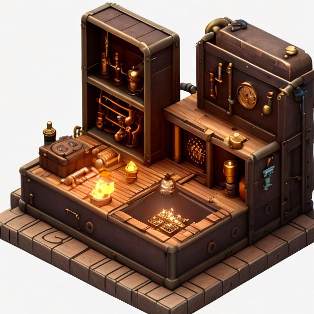 cute isometric steampunk forge and anvil in middle,...