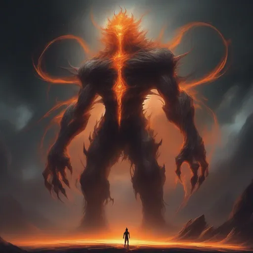 Prompt: a gigantic chaos calamity monster made from wisps of darkness and you could see the orange energy under. It stands tall and slender high above the earth, its power greatest of its kind. A god of chaos