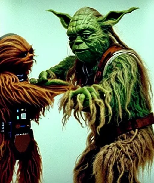 Prompt: Deleted scene from Star Wars where Chewbacca fights Yoda