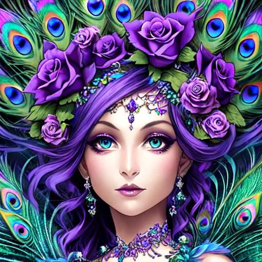 Prompt:  peacock fairy goddess, purple roses, facial closeup