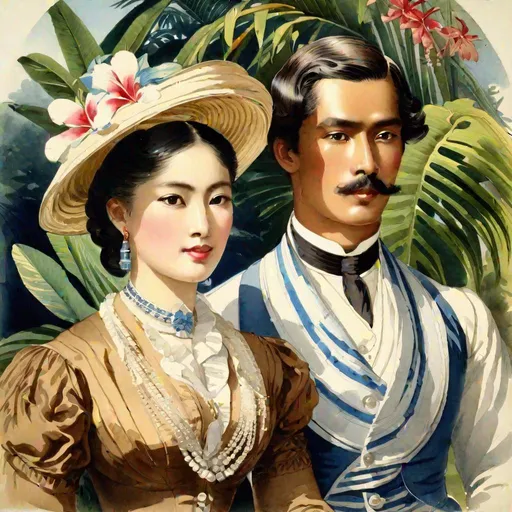 Prompt: (watercolor painting), 1870 portrait, half body, tropical garden, tropical flowers, 2 people (English man, Victorian clothes, oval face, deep-set blue eyes, short wavy blonde hair with side parting, long nose, mustache), (beautiful Indonesian woman, Victorian clothes, round face, high cheekbones, almond-shaped brown eyes, epithanic fold, long wavy black hair, small delicate nose, slightly flattened nose bridge, wide nasal base, light tan skin), style Elizabeth Murray, Watercolor, trending on artstation, sharp focus, studio photo, intricate details, highly detailed, by greg rutkowski