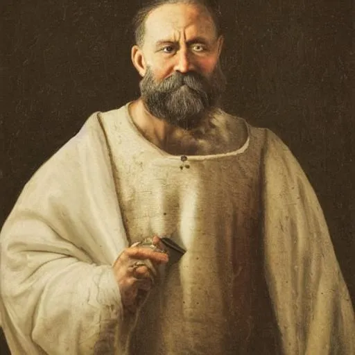 Prompt: Medieval bearded middle aged man with a white coat