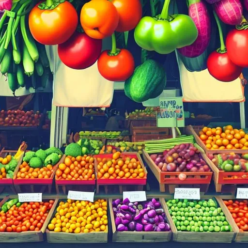 Prompt: Return of market, colorful, fruits ans vegetables, 2D, minimalist colorful, pencil design like Hopper

