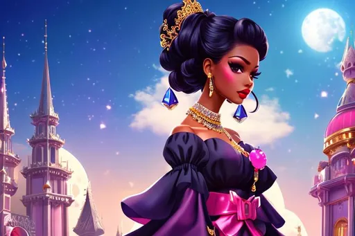 Prompt: head-on, surreal cartoon, high fashionista pose, glossy, walking toward viewer, stunning dark skinned lolita, she is dressed like a summer queen, dramatic jewelry, statement necklace, background is architecture lit by the moon,  trending on artstation