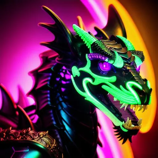 portrait of a roaring neon skeleton dragon with fang...