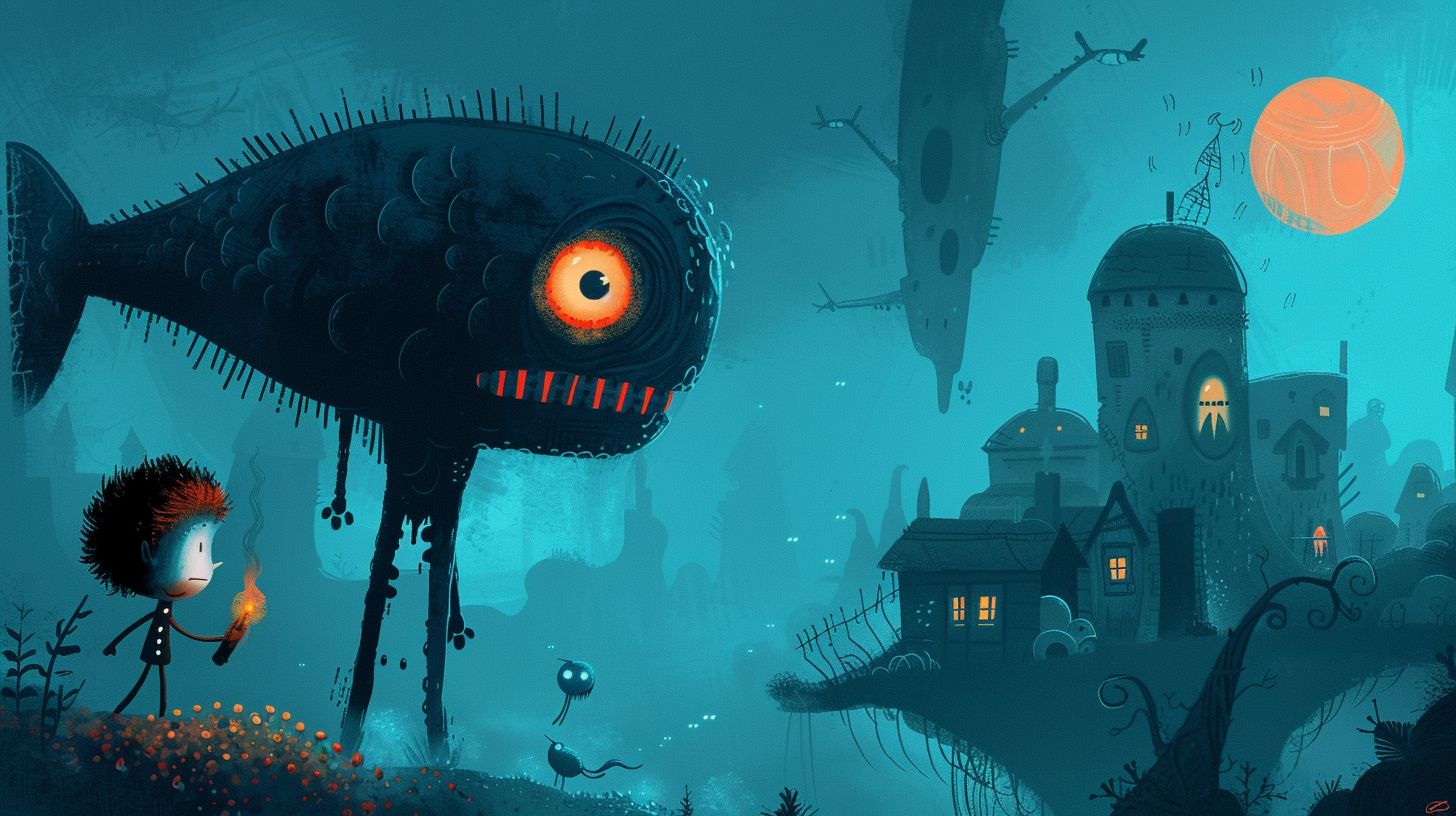 Prompt: In a vivid, otherworldly landscape, a mischievous boy with wild hair, wielding a torch, strides past quirky monsters and peculiar structures. To his left, a giant, toothy fish-creature looms large, while various bizarre beings, both airborne and grounded, populate the intricate scene. A floating island holds whimsical buildings, and a looming tree casts shadows, framing the fantastical setting.