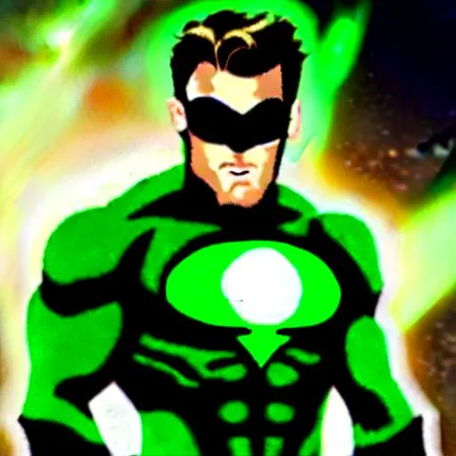 Prompt: Hal Jordan Ryan Reynolds Inspired, Green-Glowing-Cape floating in deep outer-space 