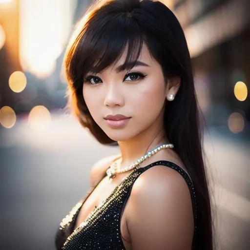 Prompt: "would you show me what was right, would you show me to the light?", young woman, jewelry, city background, shiny pearls, 50mm lens, F4.5, fill flash, studio lighting