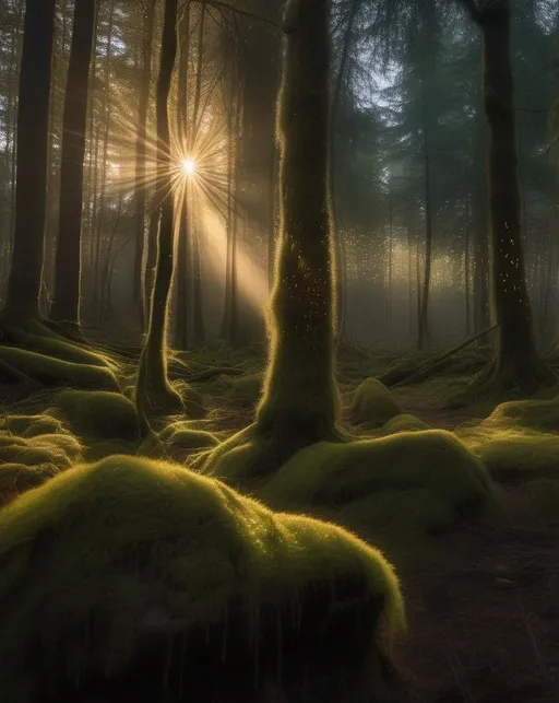 Prompt: An ethereal image of a mystical, mossy forest in the golden hour just before sunset. Sun rays filter through the trees illuminating particles of dust floating gently through the air ((emphasize lighting and mood)). Tiny dancing ((fireflies)) begin to appear amongst the trees. Shot with a Sony A7S III camera using a wide angle lens to capture the expanse of the forest. The lighting is dramatic and atmospheric. The mood is magical, tranquil and filled with wonder. In the style of Hayao Miyazaki