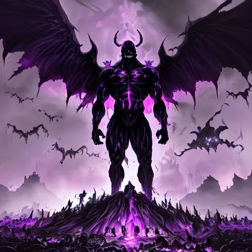 Prompt: Gigantic Undead Demon, Tiny humans on the ground around him, Purple flames and glowing eyes, humanoid figures all around the ground, demonic nightmare, scary big wings, muscular build, broad shoulders, ripped body, shadows, black cloud covering the pink sky, cracked ground with a purple glow coming through the cracks, black raindrops and orange lightning coming from the sky, hellspawn, melting, magma, end, world's end, doomsday, doom panicking-people-running rotten, evil, terrifying, horrifying, realistic, hyper-realistic, hyper-details, hyper, undead-army