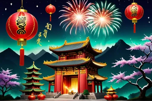 Prompt: Create a vibrant scene celebrating the 2025 New Year, the Year of the Snake in the Chinese Zodiac. The image should feature a majestic, coiled snake in mid-motion, symbolizing wisdom and transformation, with intricate, shimmering scales in hues of emerald green, gold, and deep purple. Surround the snake with traditional Chinese lanterns glowing in red and gold, fireworks lighting up the night sky, and decorative calligraphy celebrating the new year. In the background, there are ancient Chinese temples and mountains under a starry sky, adding depth and serenity to the scene. Include subtle elements like red envelopes, blooming cherry blossoms, and golden coins, representing prosperity and good fortune for the coming year.