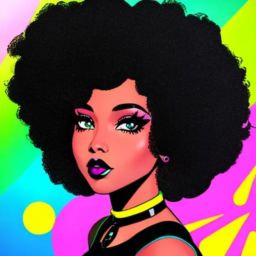 Prompt: Retro punk rock black girl natural hair 70's vibe trippy comic style pop art goth punk fashion confident 
