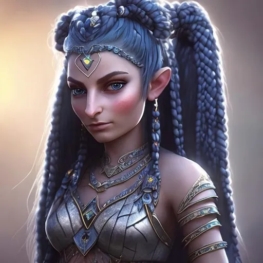 Prompt: Female Djiin. Periwinkle skin, navy blue long ponytail braids. i want her to resemble cleopatra and Jenny slate. She will wear belly dancer attire with lots of silver and diamods
