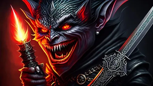 Prompt: {{{Small Male Goblin with Red eyes and pointed teeth}}}, {{Holding a black dagger}}, {Sinister, Evil}, High Quality, Hyper Detailed, Intricate Detail, Dark Colors