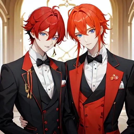 Prompt: Zerif 1male (Red side-swept hair covering his right eye) and Erikku 1male (short orange hair, blue eyes) wearing black suits at a wedding