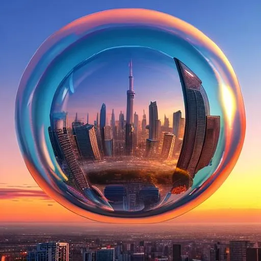 Prompt: mystical sky city at sunset encased in a giant bubble
