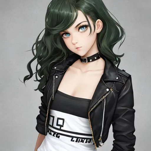 Prompt: An insanely beautiful girl around 16 years old. punk clothes. perfect anatomy, symmetrically perfect face. perfect grey eyes. beautiful short dark green wavy hair. no extra limbs or hands or fingers or legs or arms.