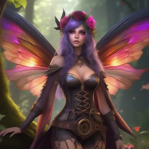 Prompt: ((Epic)). ((Cinematic)). Shes a colorful, Steam Punk, gothic, witch. ((distinct)) Winged fairy, with a skimpy, ((colorful)), gossamer, flowing outfit, standing in a forest by a village. ((Wide angle)). Detailed Illustration. ((8k)).  Full body in shot. [Hyper real painting]. Photo real. A ((beautiful)), very shapely, woman with [anatomically real hands], and ((vivid)) colorful, ((bright)) eyes. A ((pristine)) Halloween night. [Concept style art]. 