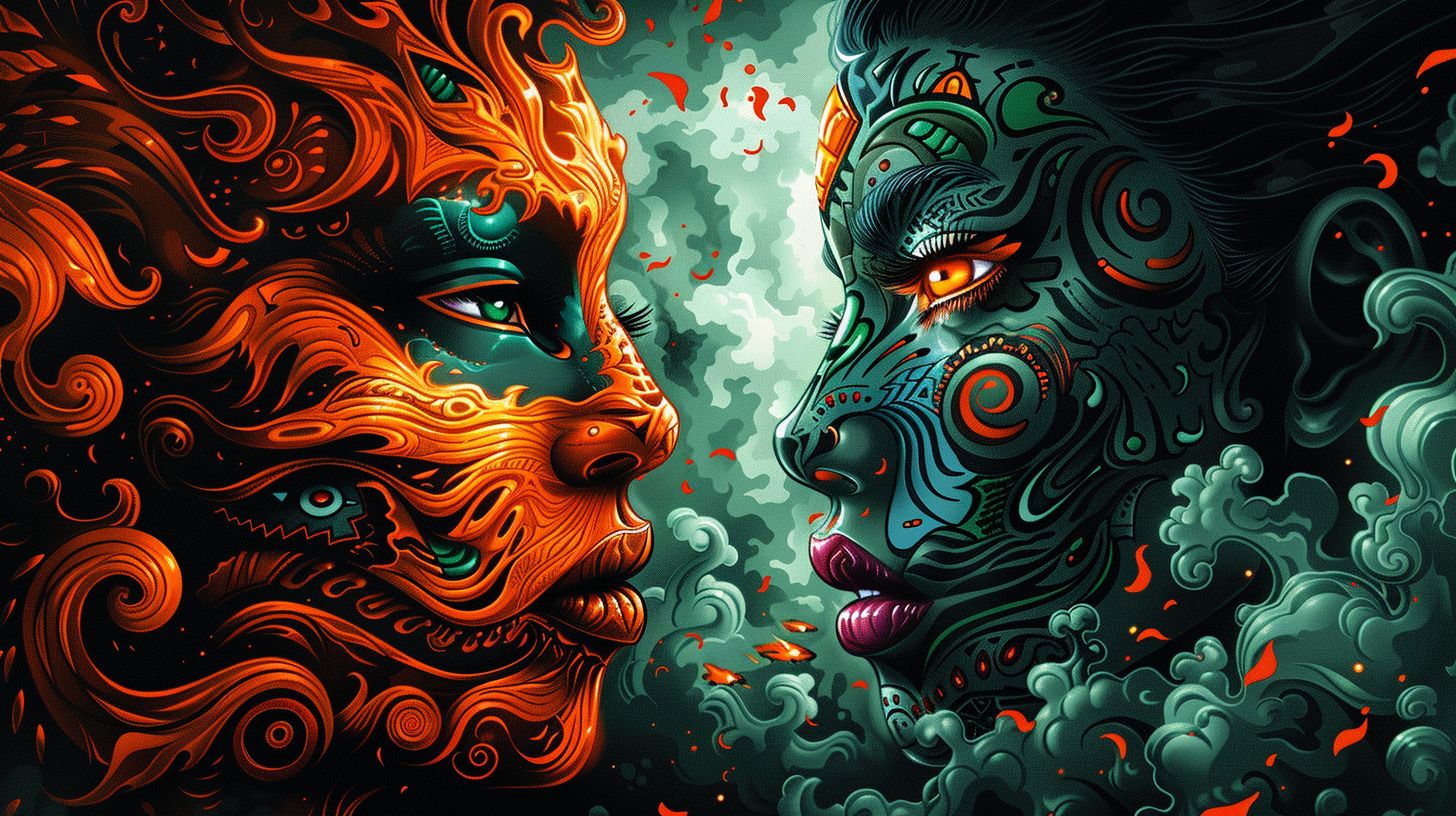Prompt: 3d illustration of a flaming monster with ndebele-inspired motifs battling a face, primarily using green and black colors on a panoramic scale sheet film --ar 16:9 --style raw --sref https://s.mj.run/hrASv3g4q6s --stylize 750