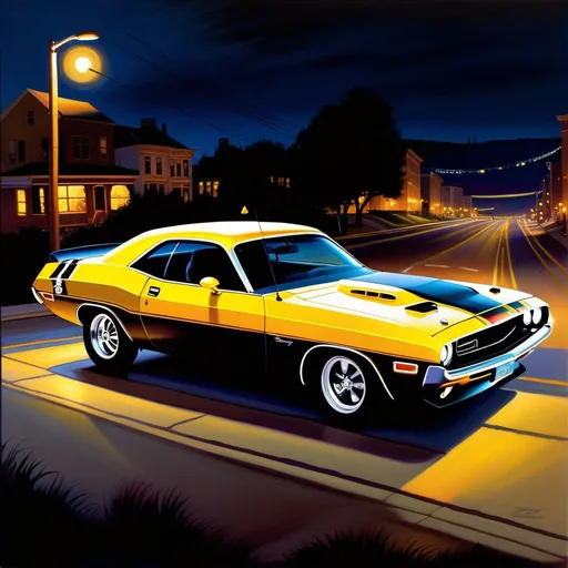 Prompt: Yellow Dodge Challenger 1970, car chase, cops, Pittsburgh at night, warm atmosphere, cartoony, extremely detailed painting by Greg Rutkowski and by Henry Justice Ford and by Steve Henderson.