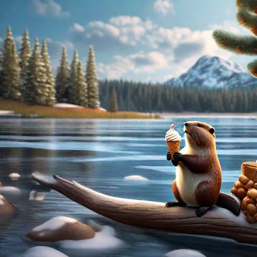 Prompt: a draw of a beaver eatin ice cream on a floating tree on a river, professional, UHD, HD, highly detailed, sharp focus, wide open, palsey