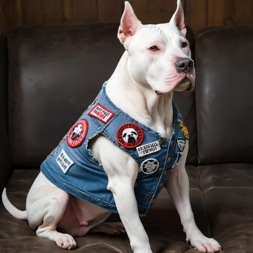 Prompt: Dogo Argentino wearing a heavy metal music denim vest with patches
