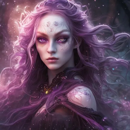 Prompt: Detailed and mystical portrait of a young beautiful witch with ivory clear skin, long red flame hair and deep purple eyes. Perfect female body, night light, dramatic, plastic pose, frontal, magical, fantasy, 8k, high detailed, dramatic light