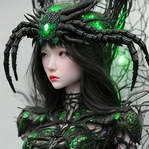 Prompt: Goddess of spiders hyper detailed small head dress and black and green hyper realistic 


