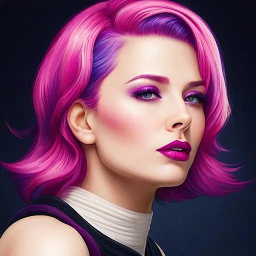 Prompt: a beautiful woman , hot pink hair with purple highlights.