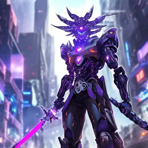 Prompt: A anime guy with a really big sword with purple flames on it and fighting in a city against a robot and the guys arm is robotic. Futuristic