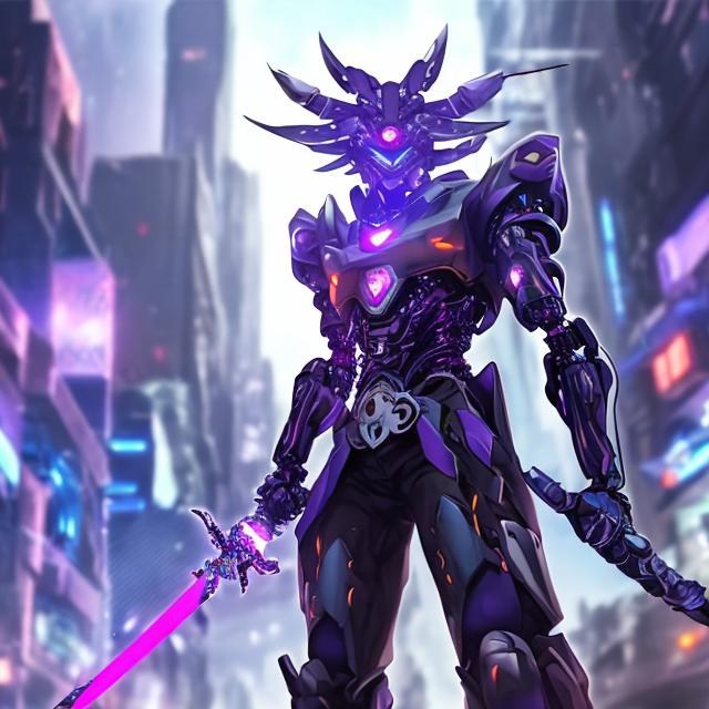 Anime cyberpunk yellow purple neon male with flaming sword