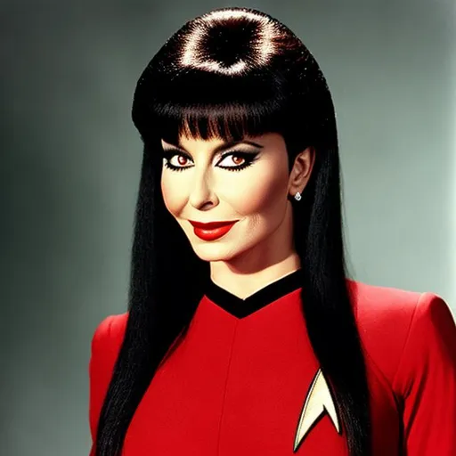 Prompt: A portrait of Elvira, wearing a Starfleet uniform, in the style of "Star Trek the Next Generation."