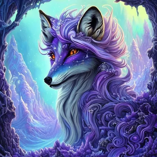 Prompt: masterpiece:1.5, detailed oil painting, insanely detailed, Best Quality:1.5) insanely beautiful wise vixen fox, ageless, ice elemental, lavender pelt, (veiled in auroras), psychedelic colors, (calm hypnotic eyes gleaming amethyst-violet), calm regal smile, stands majestically on a celestial mountain, gorgeous frosted silver mane, insanely detailed fur, insanely detailed eyes, insanely detailed face, slender, (magic violet highlights in fur), crackling lightning, ice storm, (lightning halo), tilted halo, lightning charged atmosphere, enchanting moonlight beaming through clouds, 64K