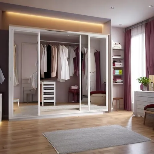 Prompt: create a bedroom with a sliding wardrobe and bed with two side tables and a dressing area show the picture from the front side

