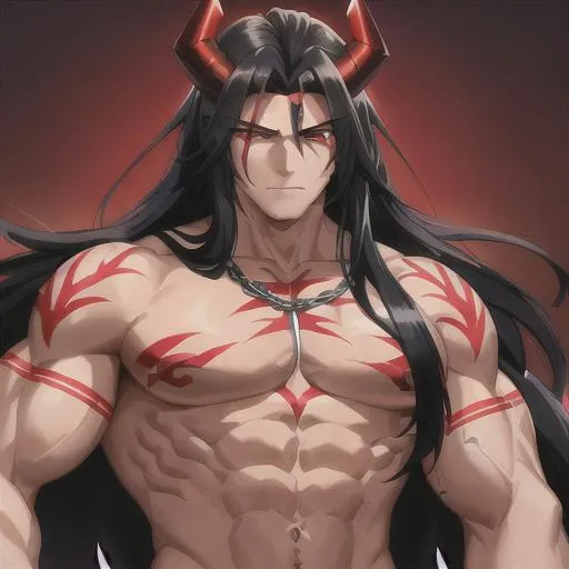 Prompt: muscled man, long black hair, big biceps, red tattoos on his body, shirtless, red eyes, muscle chest, using a shining two dark swords, red mark on his face, palid, wrapped in chains, big red demon horns