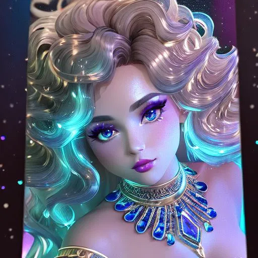 Prompt: Beautiful and sweet girl of warm glaze, wearing vaporous mini dress, discrete make up, glowing up, large curly black marine blue hair, light sparkles, drapping, big lips, pink cheeks, translucid, unreal engine 148k octane, 3d lightning, stellar clouds, quartz and opal, gem rain, soft white skin, long wavy hair, nice smile, luminous chest, fantasy, silence