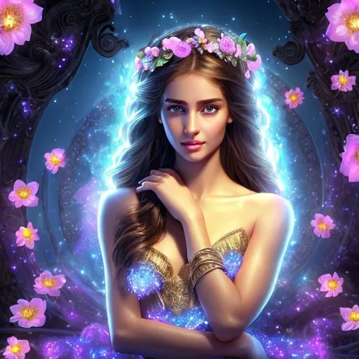 Prompt: HD 4k 3D 8k professional modeling photo hyper realistic beautiful young woman ethereal greek goddess of hope
shiny black hair ponytails blue eyes gorgeous face pale skin beautiful shimmering grecian top and skirt flower crown holding flowers full body surrounded by magical glowing light hd landscape background inside a jar with glowing sprites and fireflies