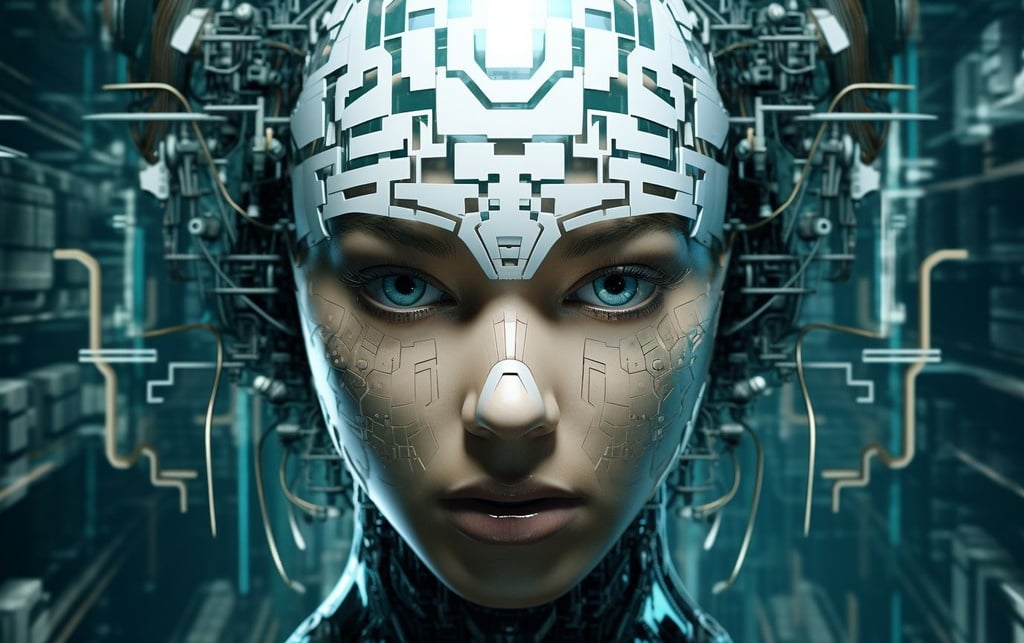 Prompt: a graphic illustration showing the face of a synthetic woman, in the style of surreal robotics, uhd image, mind-bending murals, shiny eyes, dark teal and white, 8k resolution, daz3d