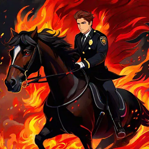 Prompt: Caleb  as a police officer (brown hair) (brown eyes) wearing a tuxedo, full body, riding a (black coated demon horse, glowing red eyes, firey mane, and tail) running through hell