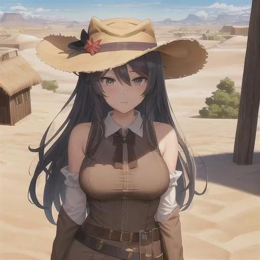 Prompt: ((best quality)), ((illustration)), ((masterpiece)), ((upper body)) landscape, 1920x1080, HD, High Definition, anime girl, dark hair, cowboy hat, western costume, guns, desert, sand, wood houses