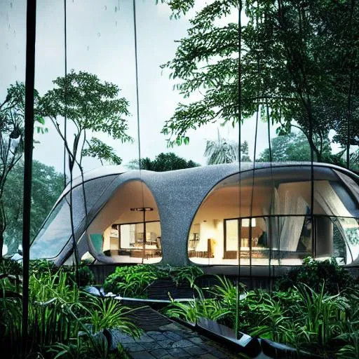 Prompt: futuristic house in the middle of a rain forest, fill screen, organic shaped curved glass windows, modern interiors, night scene, fantastic lighting, octane render, 8K, ultra detailed