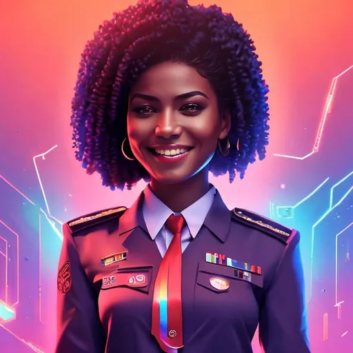 Prompt: attractive hot late-twenties african egyptian woman female, medium-brown skin, smile, men's spiked haircut, government uniform, chillwave tropical, portrait, realistic details, photorealistic, 8k render, cinematic lighting, ultra detailed